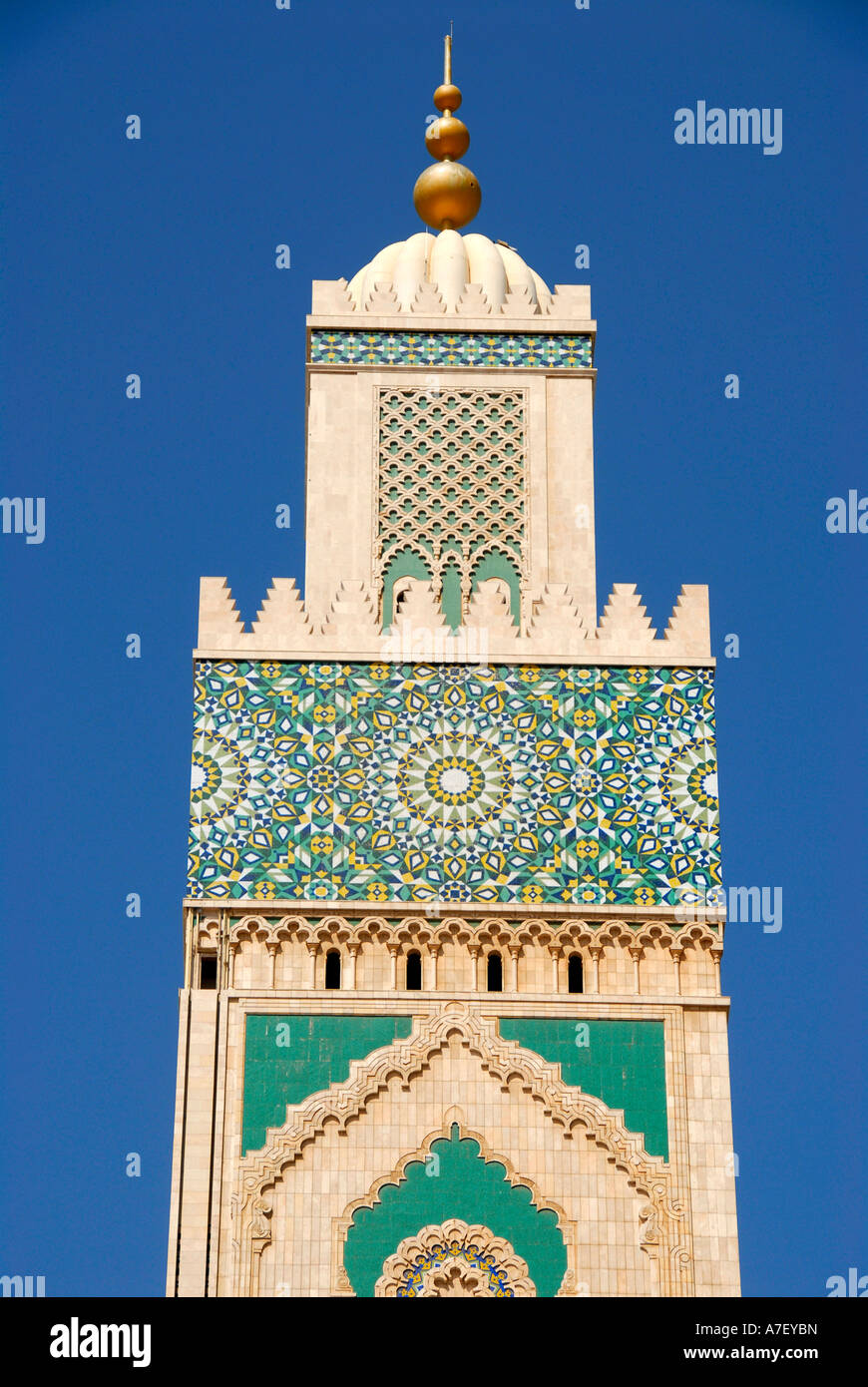 Minarett der Moschee Hassan II Casablanca Marokko Stockfoto