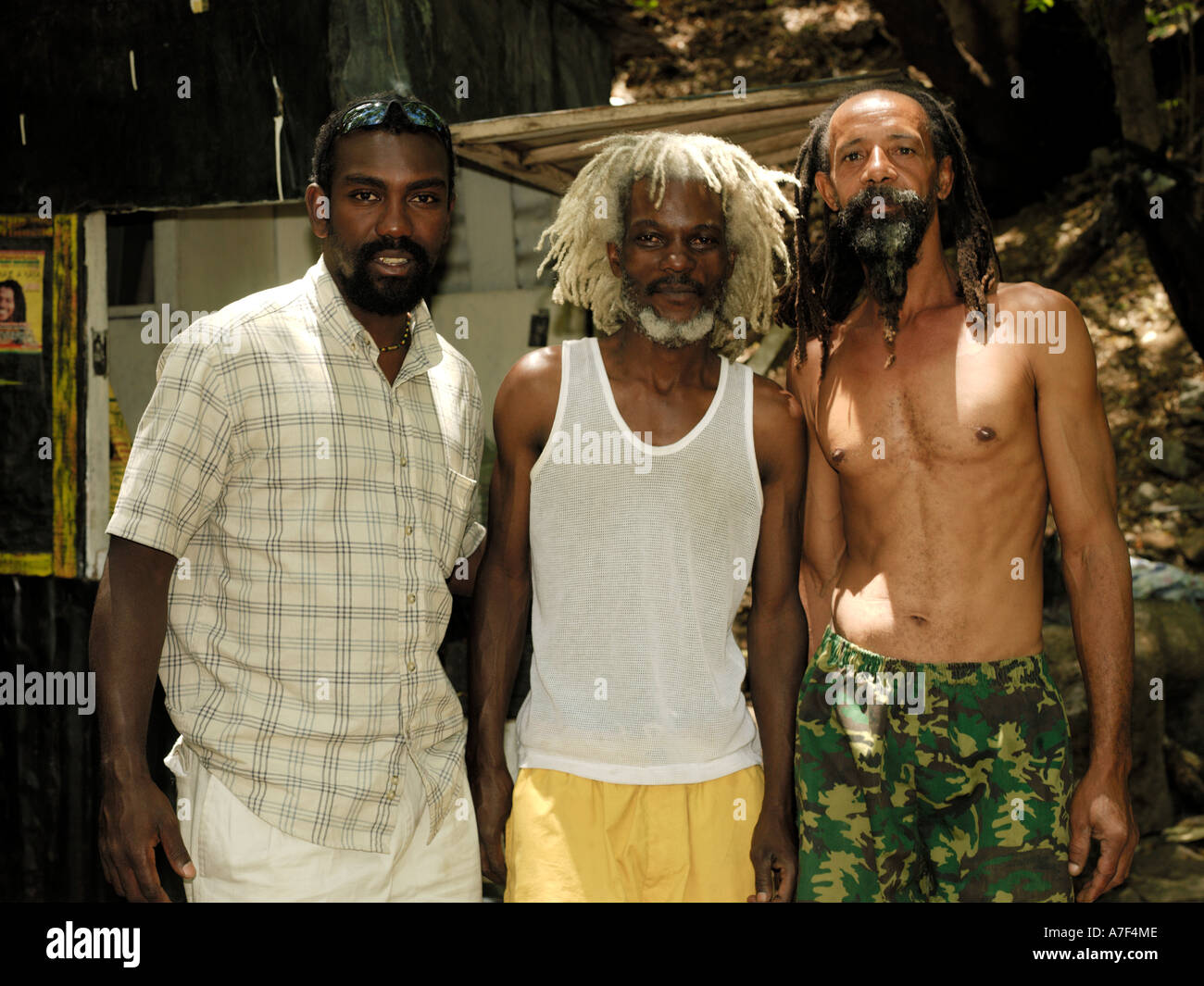 Mauritius-Porträt von drei Rastafarians Stockfoto