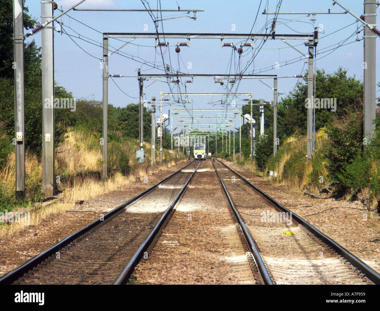 Overhead Strom- versorgung für die Bahntrasse mit Zug möglich Konzept Ideen auf dem Weg weg von den Schienen geradeaus Essex England Großbritannien Aufenthalt Stockfoto