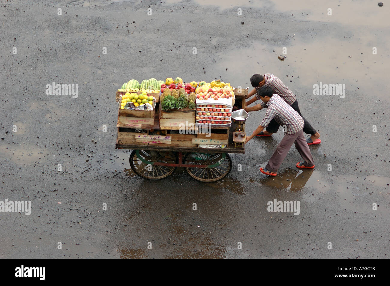 PKB77872 indische Hersteller Obst Verkäufer drängen seinen Wagen im Monsun in Bombay jetzt Mumbai, Maharashtra, Indien Stockfoto