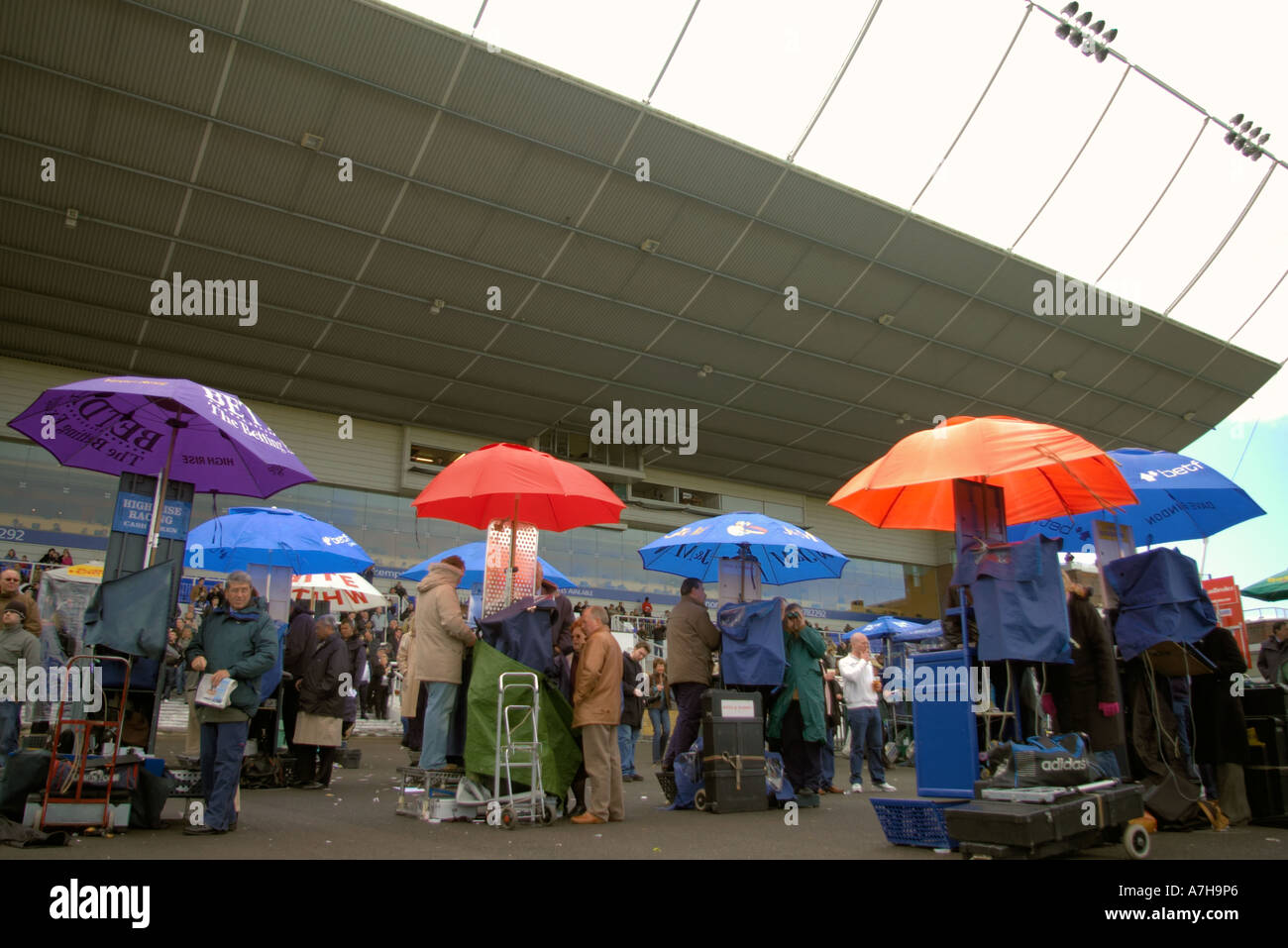 Buchmacher und bunte Sonnenschirme am Rennveranstaltung in Kempton Park racecourse Stockfoto