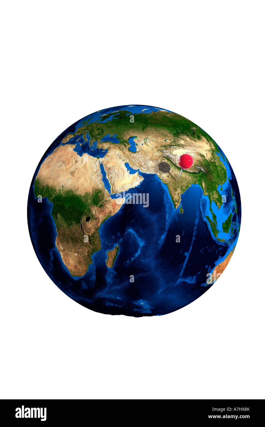 Erdball mit roten Karte Pin stecken auf Indien Stockfoto