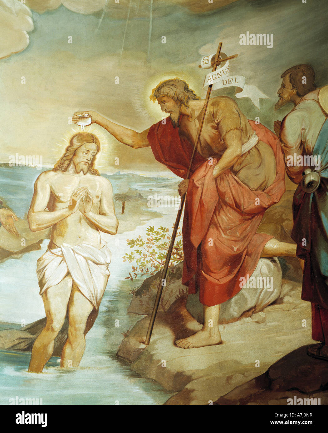 Darstellung der Jordantaufe in der Stiftskirche St. Peter in Bad Waldsee, Oberschwaben, Baden-Württemberg Stockfoto