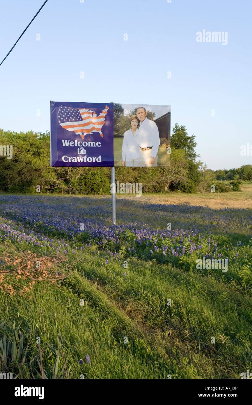 Crawford, Texas Sign. Crawford ist George Bushs Heimat. Stockfoto