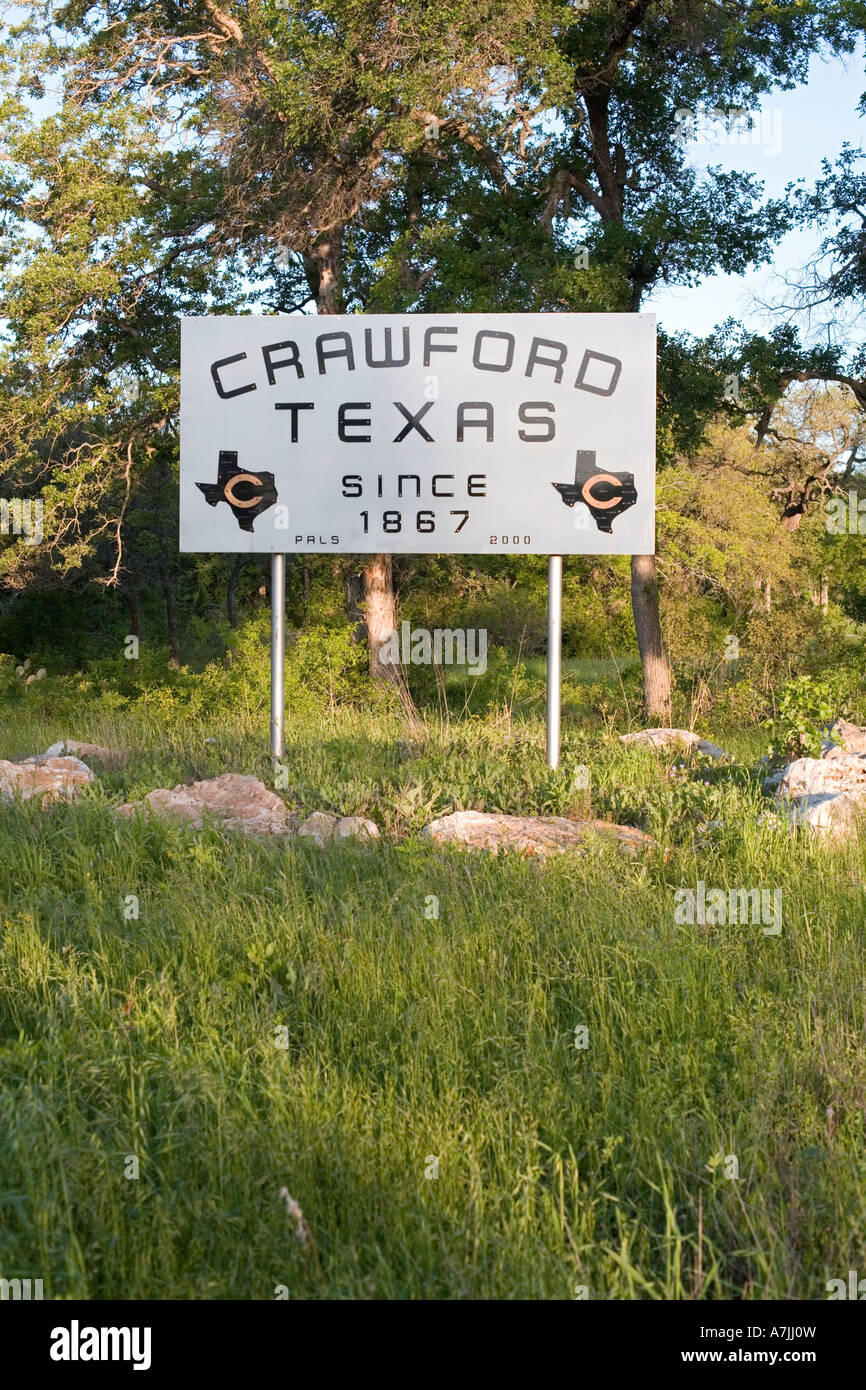 Crawford Texas Zeichen - Crawford ist die Heimatstadt von George Bush Stockfoto