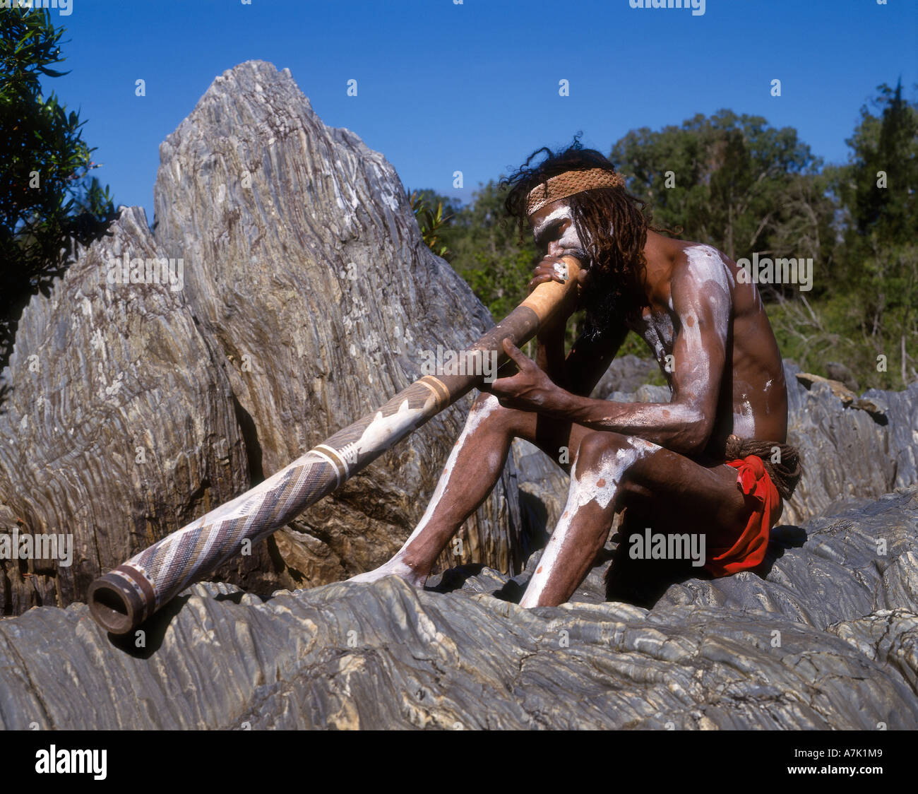 Queensland, Aborigine mit Didgeridoo Stockfoto