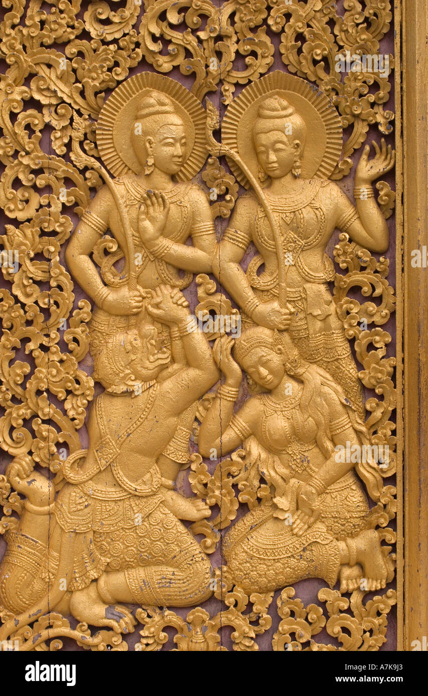 Ramayana-Szene an der Außenseite der Hohng Kep Mien königlichen Grabbeigaben Remise am Wat Xieng Thong LUANG RACHENTUPFER LAOS Stockfoto