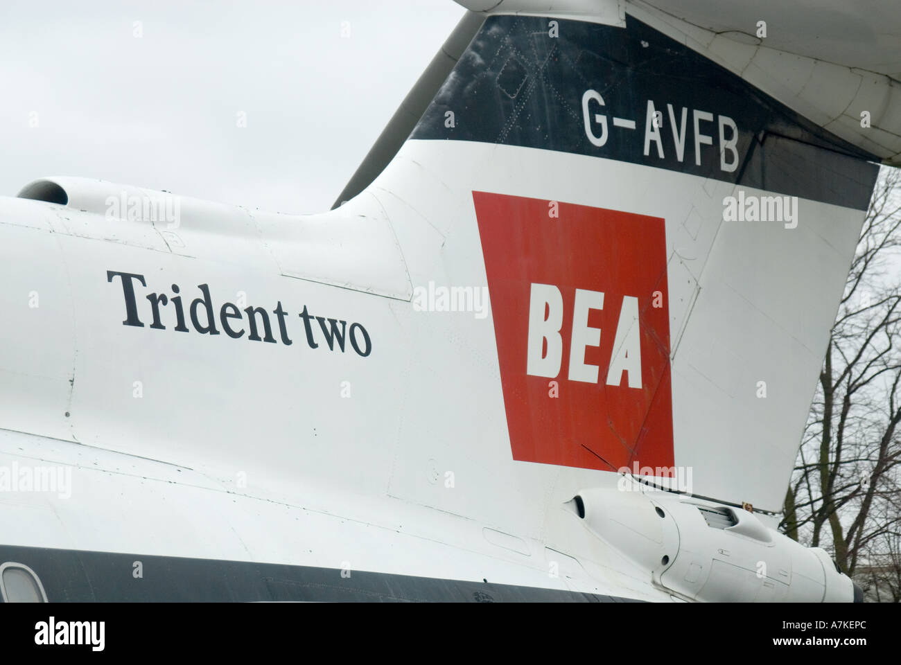 Duxford Imperial War Museum BEA am Rumpf des erhaltenen Trident zwei Passagier Jet airliner Stockfoto