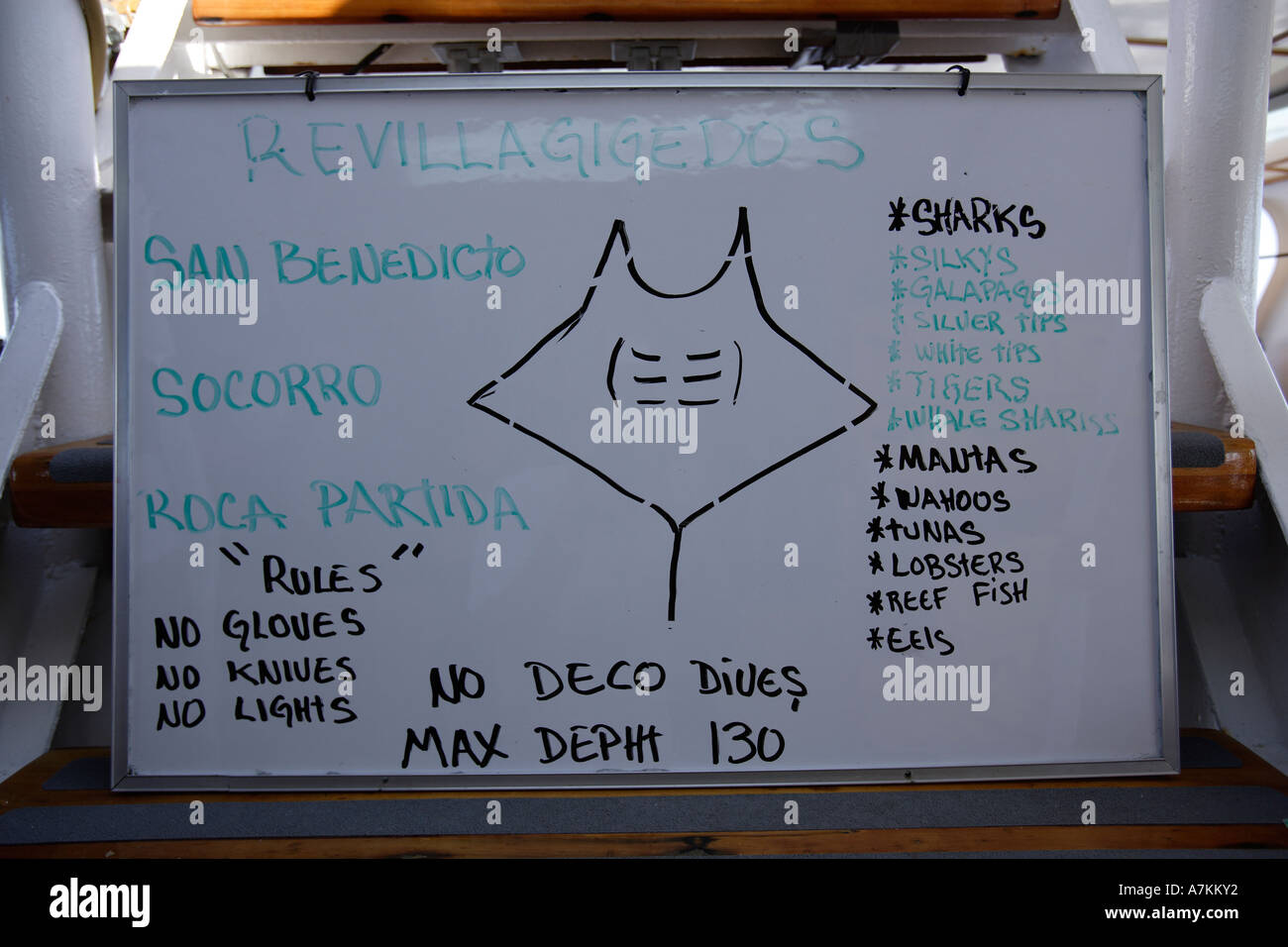 Board mit Tauchen Breafing auf der Solmar V-Luxus-Tauchsafaris Mexiko San Benedicto Revillagigedo Socorro Inseln Stockfoto