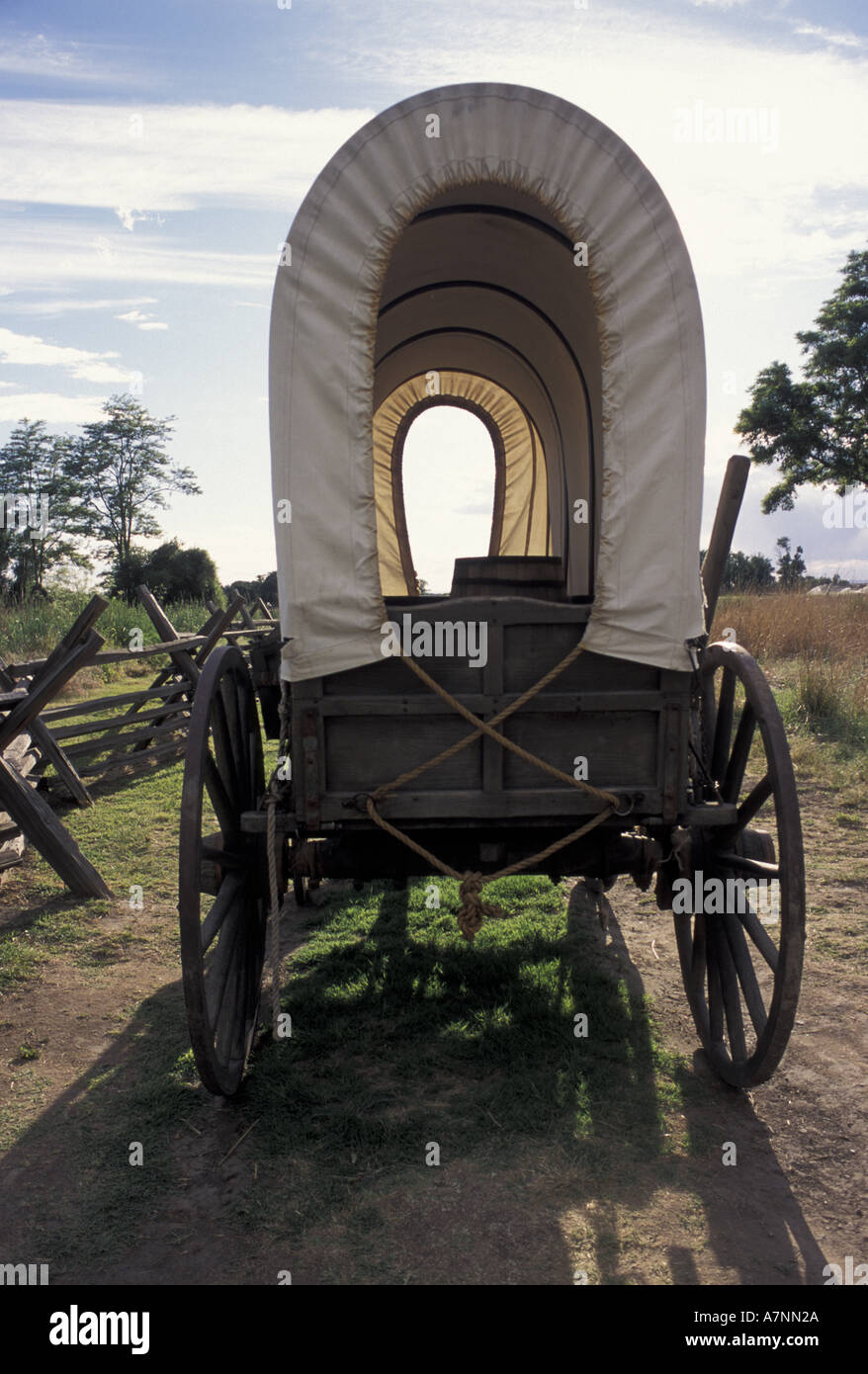 USA, WA, Walla Walla, Whitman-Mission NHS Planwagen auf Oregon Trail, Lewis und Clark Trail Stockfoto