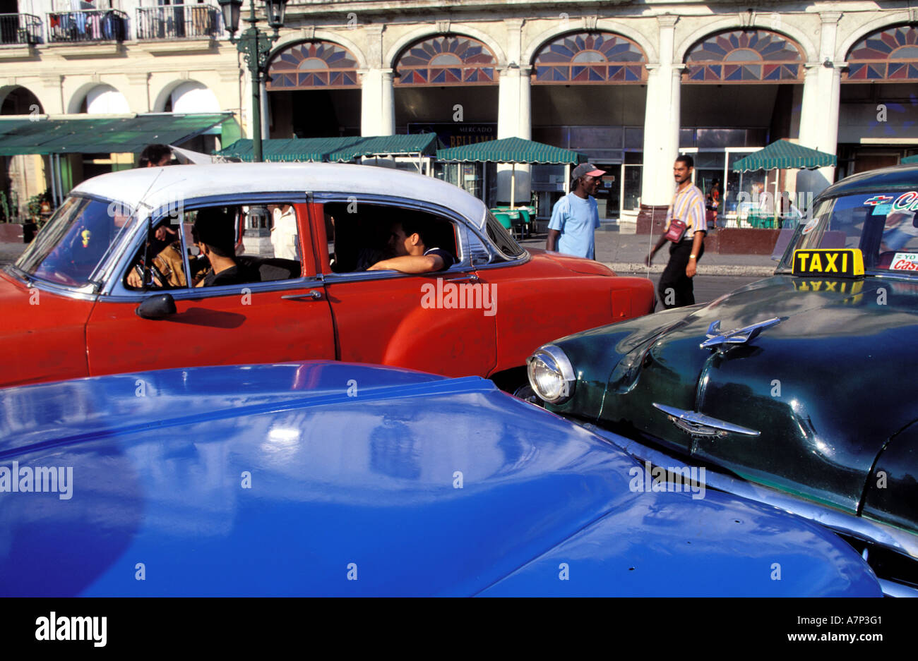 Kuba, Havanna, historische Altstadt, Autos der 50er Jahre und Fahrer Stockfoto