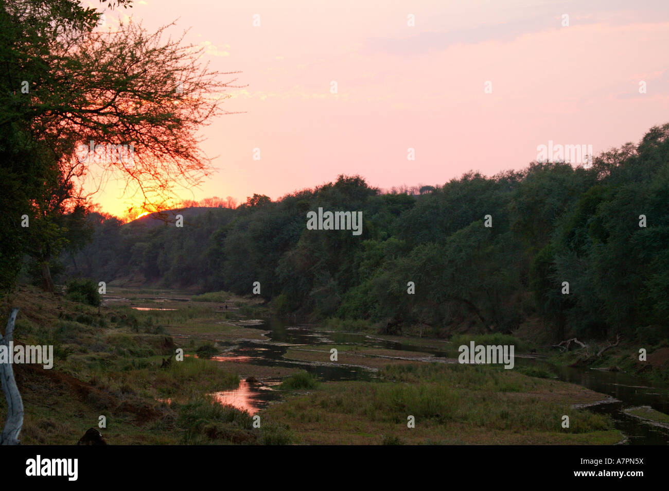 Sunrise spiegelt sich in den Gewässern des Flusses Luvuvhu im Morgengrauen Makuleke Konzession Krüger-Nationalpark Stockfoto