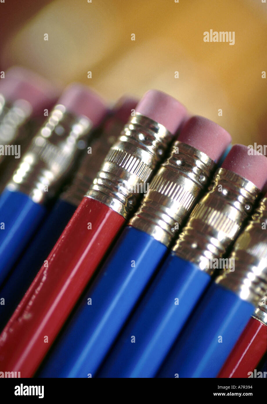 Bleistifte in einem Bündel zum Schreiben in Gelb und Rot Und blau mit Kopierplatz Stockfoto