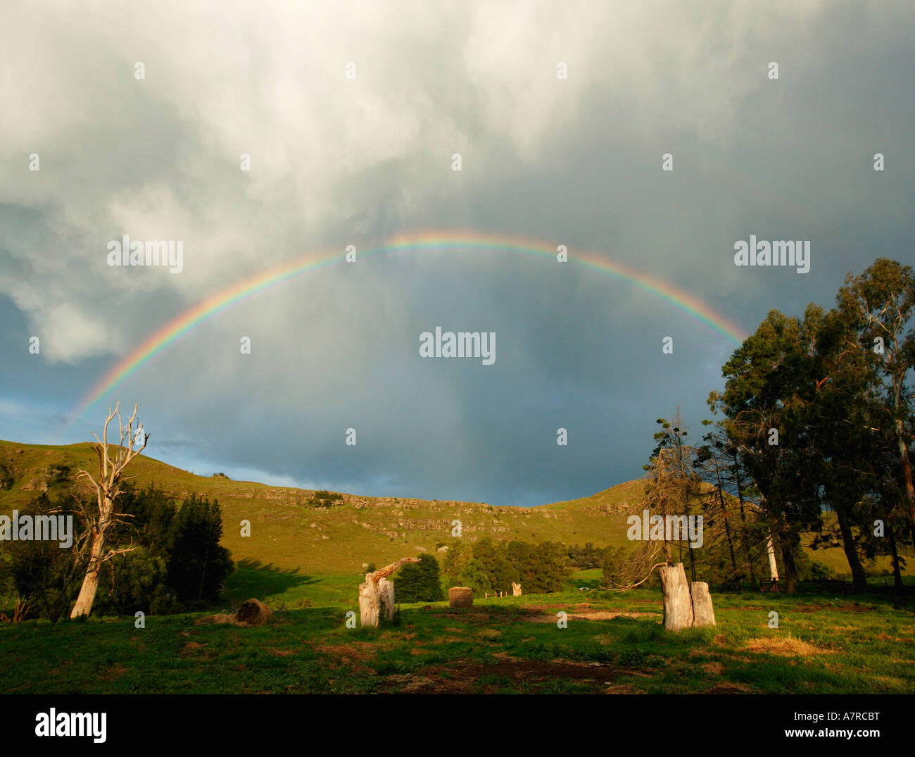 Ein Regenbogen in die Drakensberge Underberg Kwazulu Natal-Südafrika Stockfoto