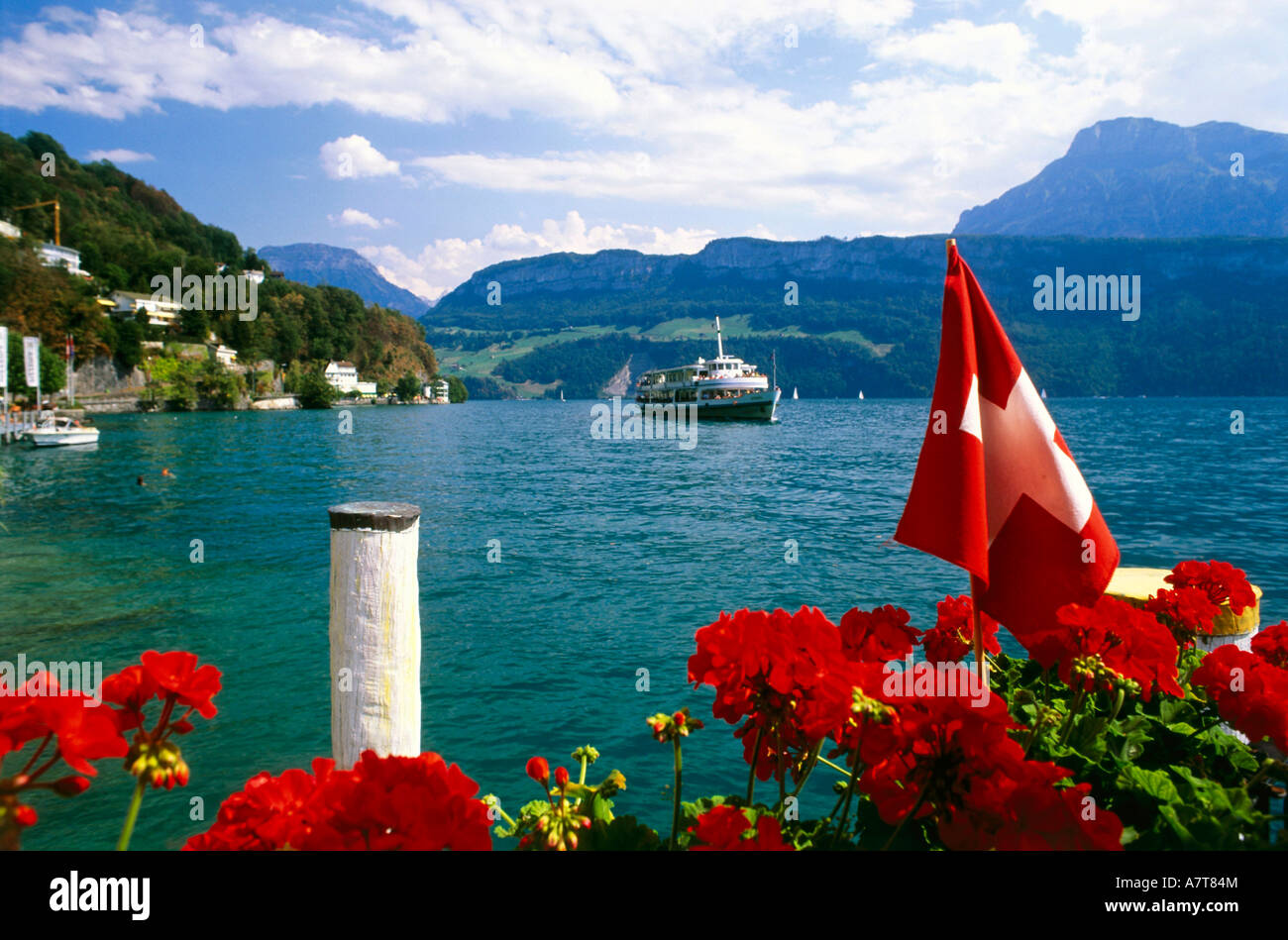 Blumen mit Schweizer Flagge an Küste mit Schiff im Hintergrund, Schweiz  Stockfotografie - Alamy