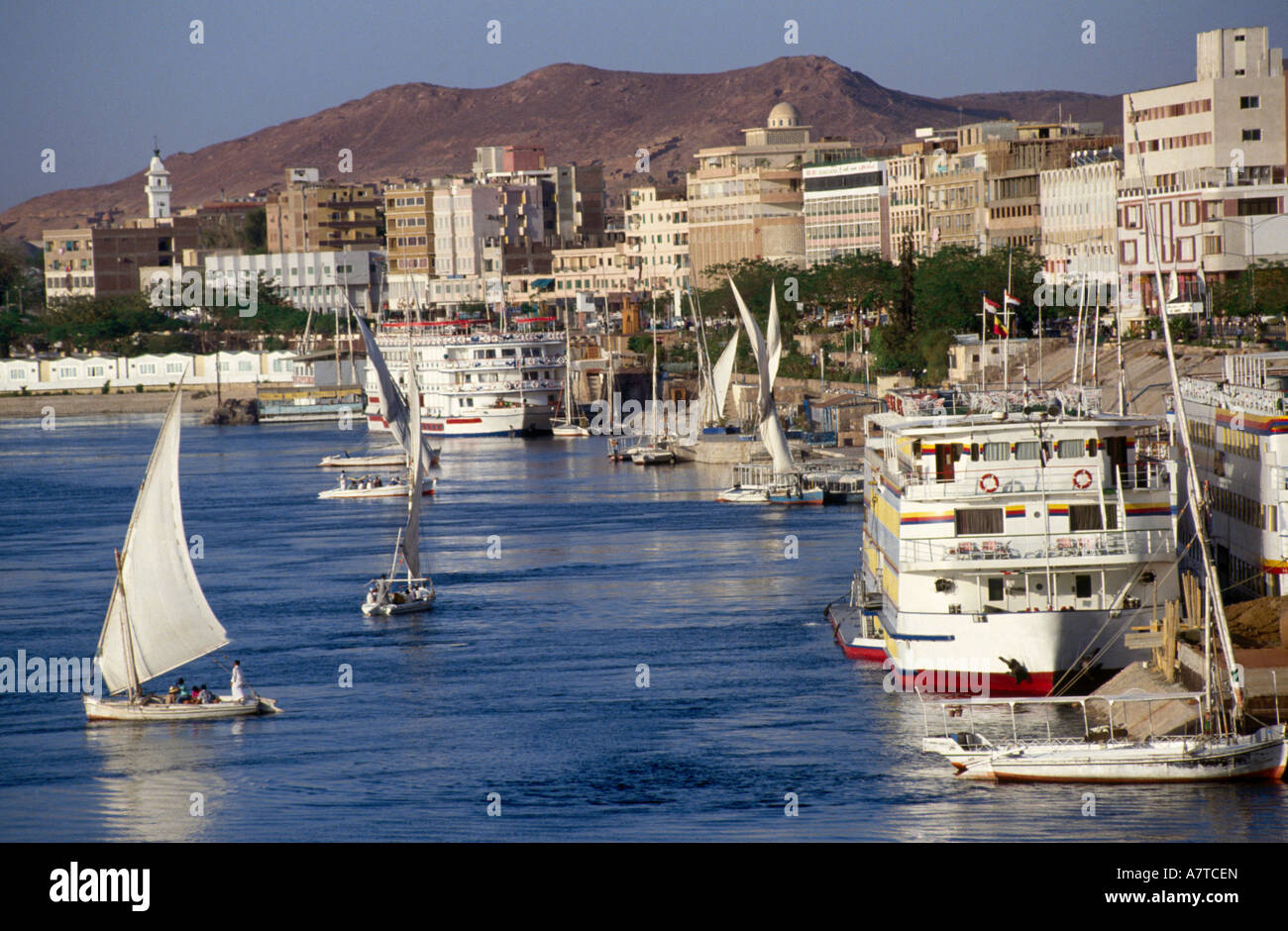 Segelboote im Hafen von Assuan, Ägypten Stockfoto