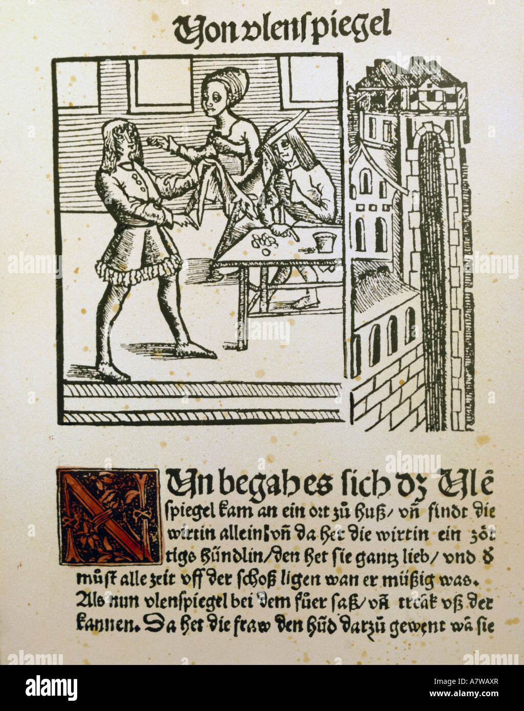 Literatur, "Eulenspiegel", Titel der 2. Sammlung von drolligen Geschichten, gedruckt von Johannes Grüninger, Strassburg, 1519, Schlossbibliothek Gotha, Stockfoto