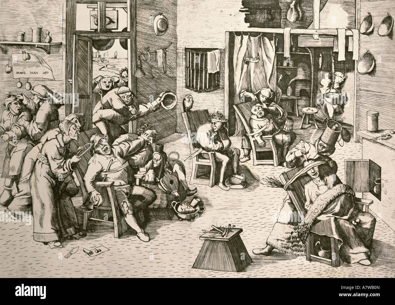 Bildende Kunst, Brueghel, Pieter der Ältere, (ca. 1525 - 1569), "Der Dekan von Renaix", Gravur, 1557, Privatsammlung, Artist's Urheberrecht nicht gelöscht werden Stockfoto