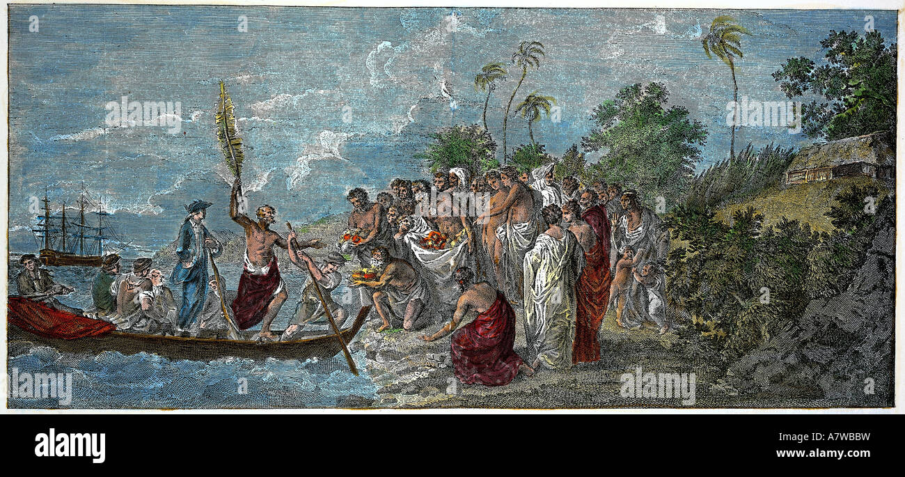 Cook, James, 27.10.1728 - 14. 2.1776, englischer Seefahrer, 2nd South Seas Expedition, (1772-1775), mit J. R. Forster und J. G. Forster, Gravur, 7980-79632, 'Voyage dans, Stockfoto