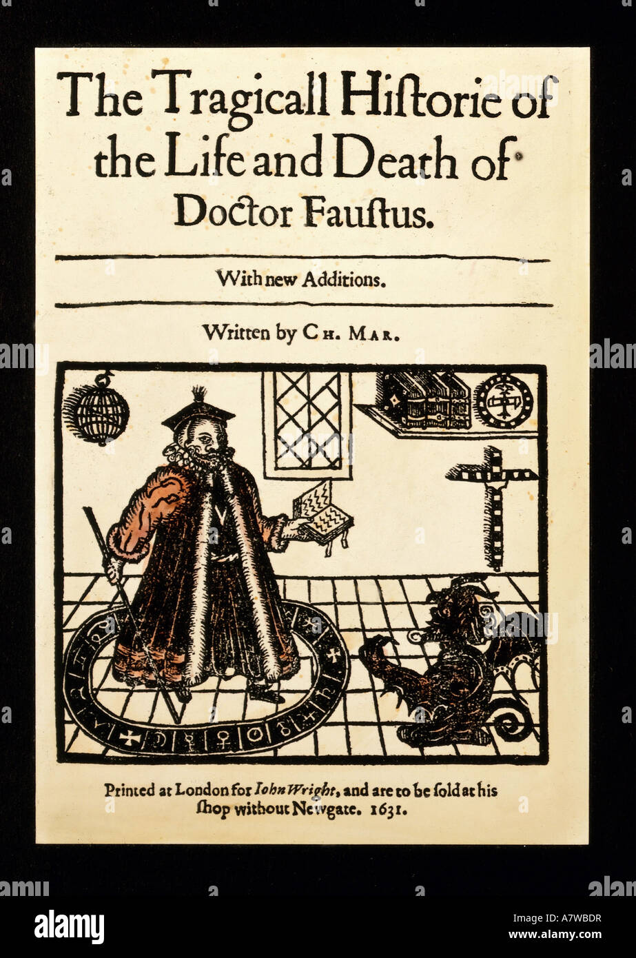 Marlowe, Christopher, 6.2.1564 - 30.5.1593, englischer Autor/Schriftsteller, "The Tragical History of the Life and Tod of Doctor Faustus", London, 1636, Farbholzschnitt, Buch, Cover, Stockfoto