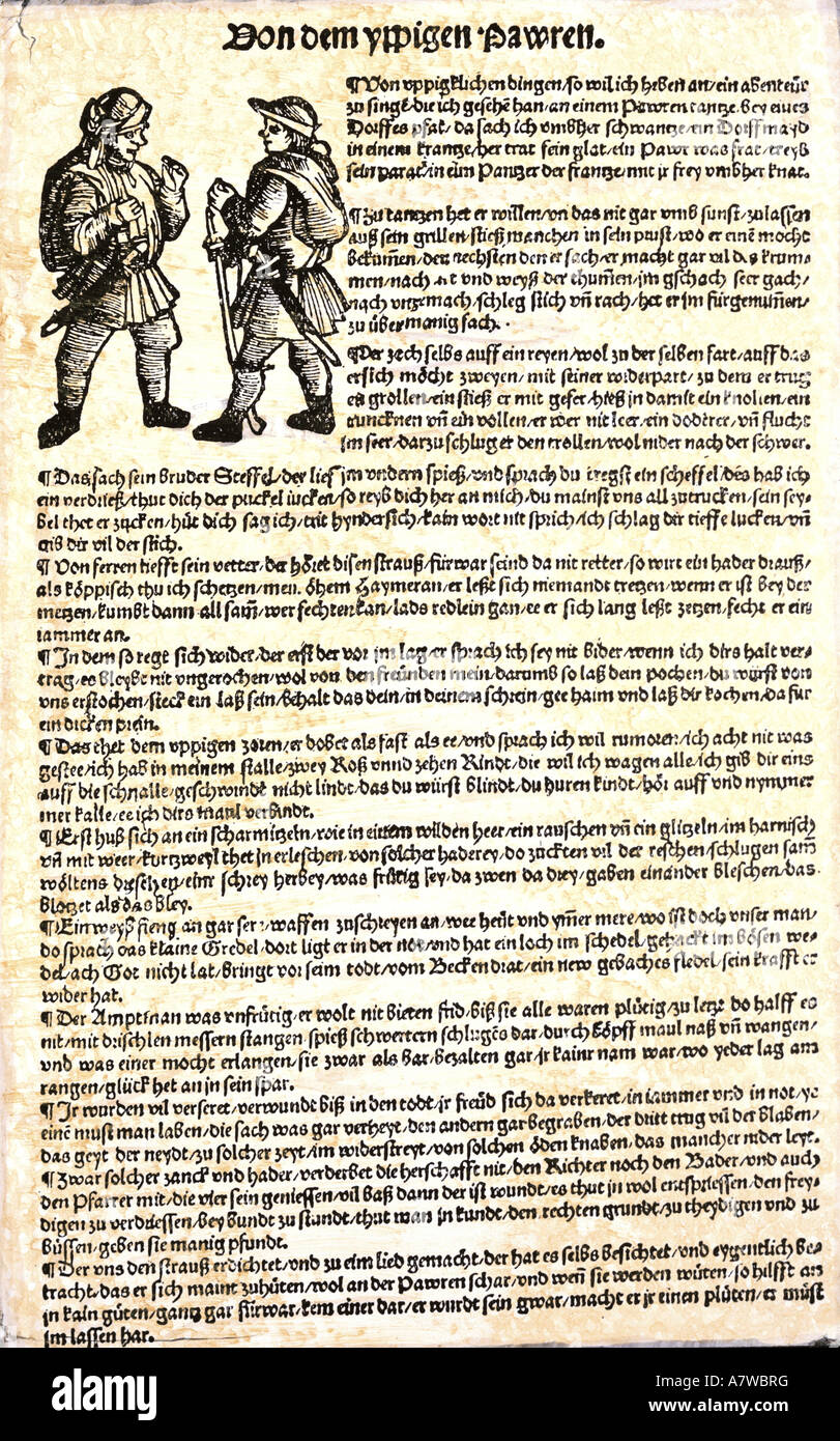 Ereignis, Bauernkrieg 1524 - 1526, Breitblatt, Lied der aufständischen Bauern, 1. Drittes 16. Jahrhundert, Privatsammlung, Stockfoto
