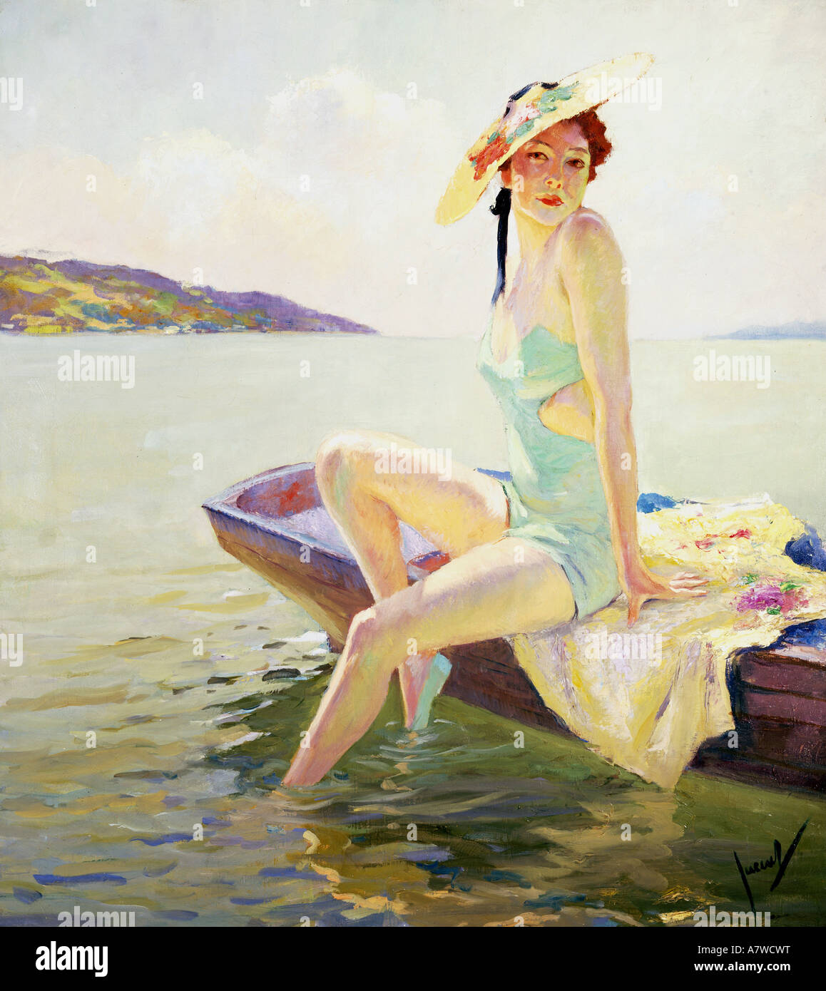 Bildende Kunst, Cucuel, Edward (1875-1934), Frau mit Sonnenschutz, Malerei, Deutschland, ca. 1930 s,, Artist's Urheberrecht nicht gelöscht werden Stockfoto