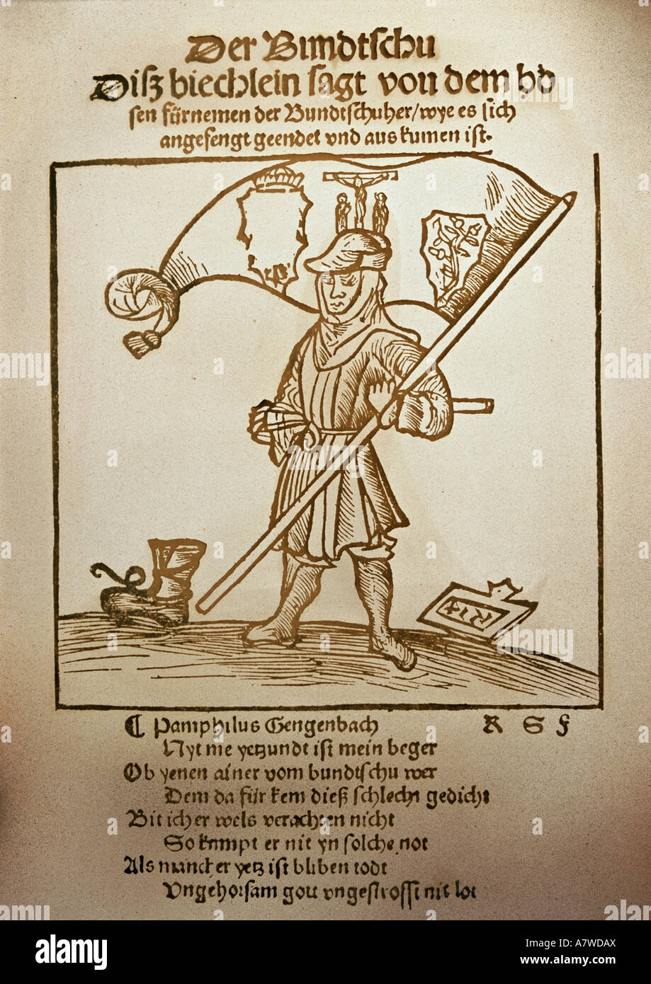 Gengenbach, Pamphilus, ca. 1480 - 1524/1525, Schweizer Autor/Schriftsteller, Werke, 'Der Bundschuh', Titel, Holzschnitt, Basel, 1514, Privatsammlung, Stockfoto