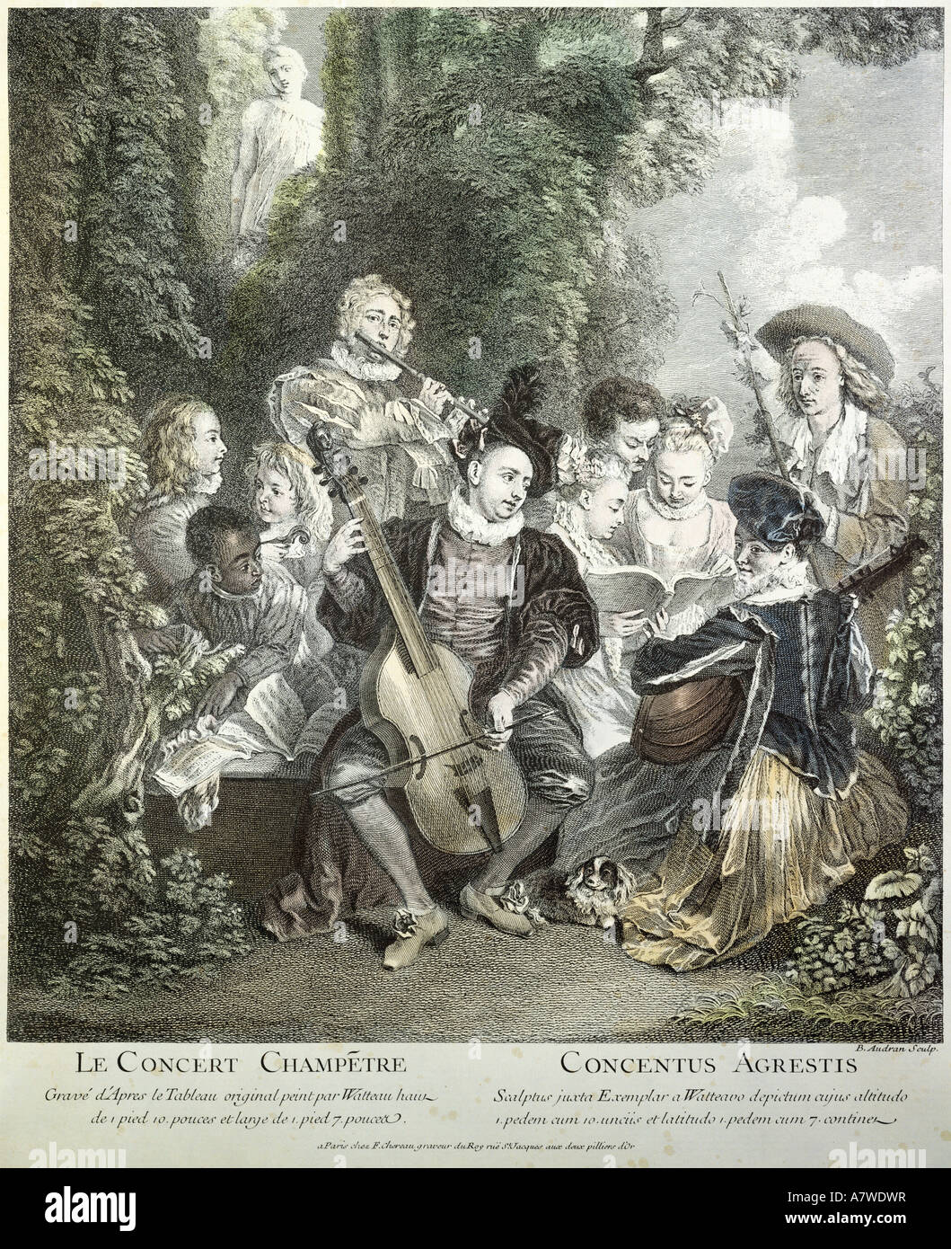 Musik, Konzert, "Die ländlichen Konzert", Kupferstich von Benoît Audran II., ca. 1750, nach dem Gemälde von Antoine Watteau (1684 - 1721), private Sammlung,, Artist's Urheberrecht nicht geklärt zu werden. Stockfoto