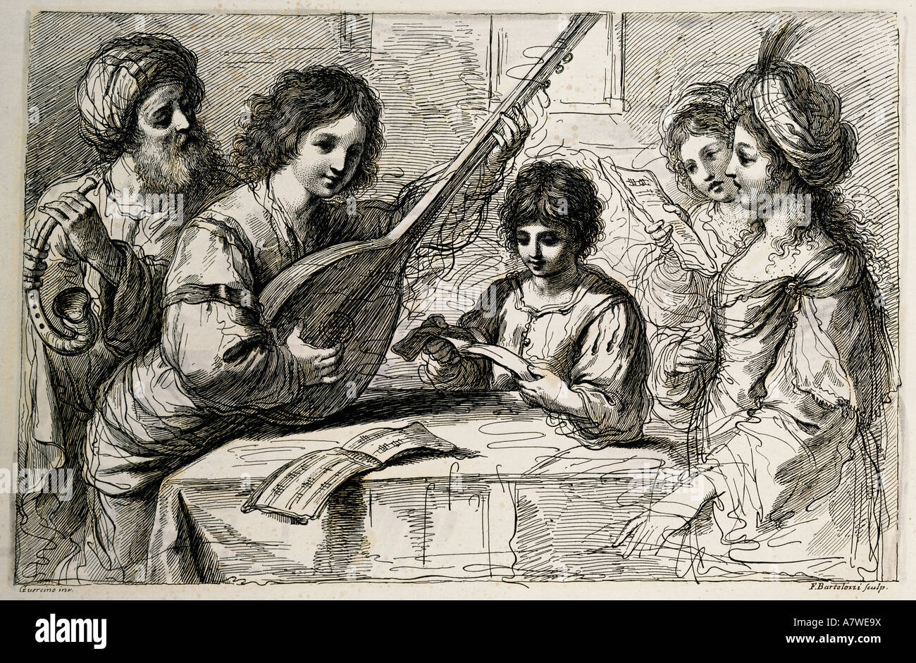Musik, Vokalmusik, Vokalisten begleitet von Theorbo und Hirtenhorn, Radierung durch Francesco Bartolozzi (1727 - 1815) nach Malerei von Guercino (1591 - 1666), Privatsammlung, Musiker, Spieler, Musikinstrumente, Italien, 17. Jahrhundert, historisch, historisch, Menschen, Stockfoto
