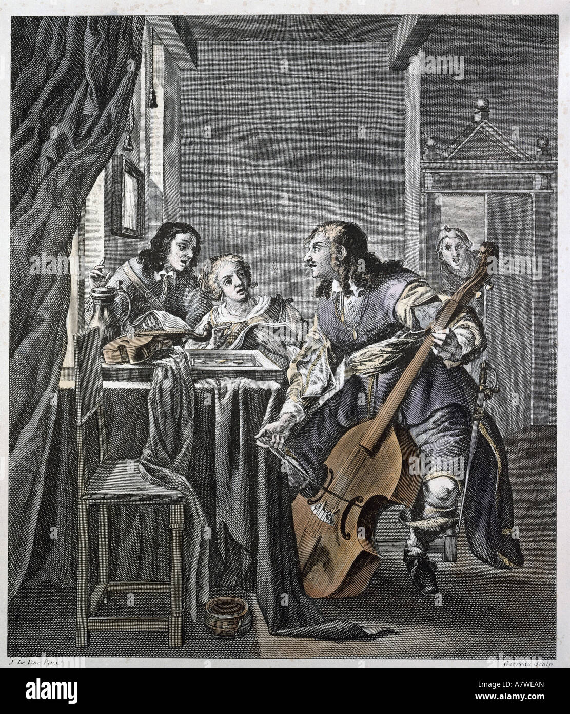 Musik, Musiker, viol Player, 'Musical Unterhaltung", Kupferstich, koloriert von Louis Garreau, (1782-1796) Nach dem Gemälde von Jacob le Duc (ca. 1600 - ca. 1660), private Sammlung,, Artist's Urheberrecht nicht geklärt zu werden. Stockfoto