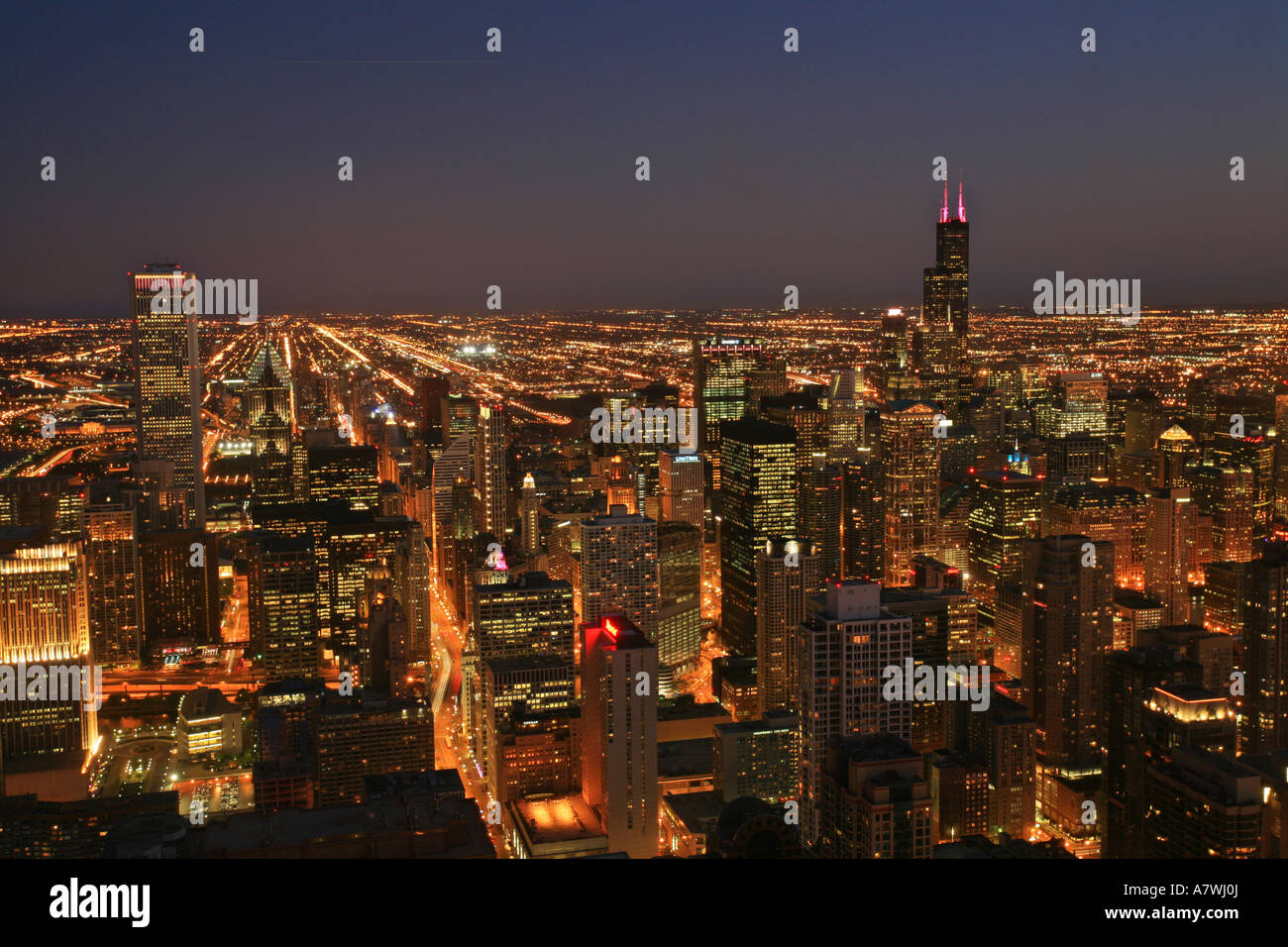 Skyline mit Sears Tower und Aon Center von John Hancock, Chicago, Illinois, USA Stockfoto