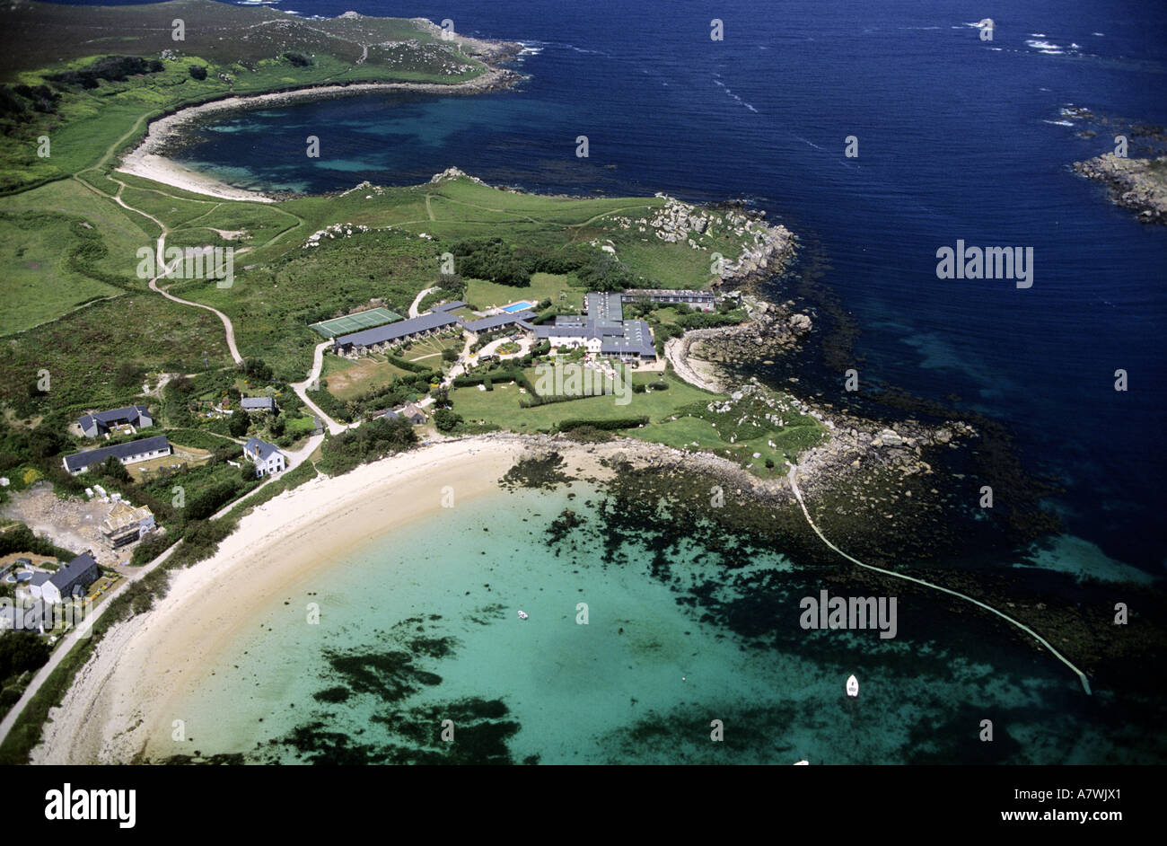 Vereinigtes Königreich, Scilly Islands, Tresco Insel (Luftbild) der Insel Hotel (Luxus Hotel) Stockfoto