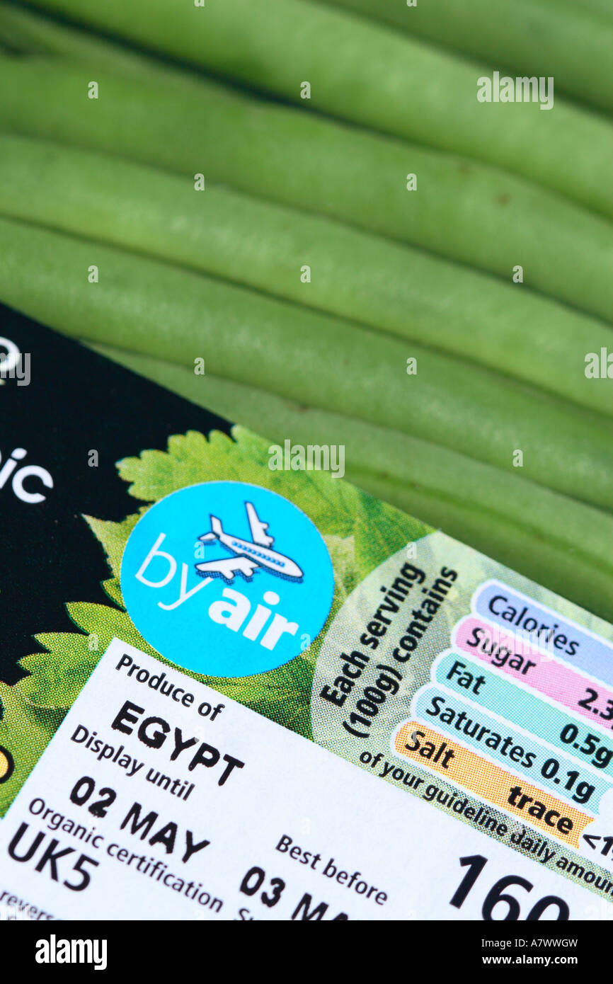 Essen-Flugmeilen feine grüne Bohnen importiert aus Ägypten Produktkennzeichnung Stockfoto