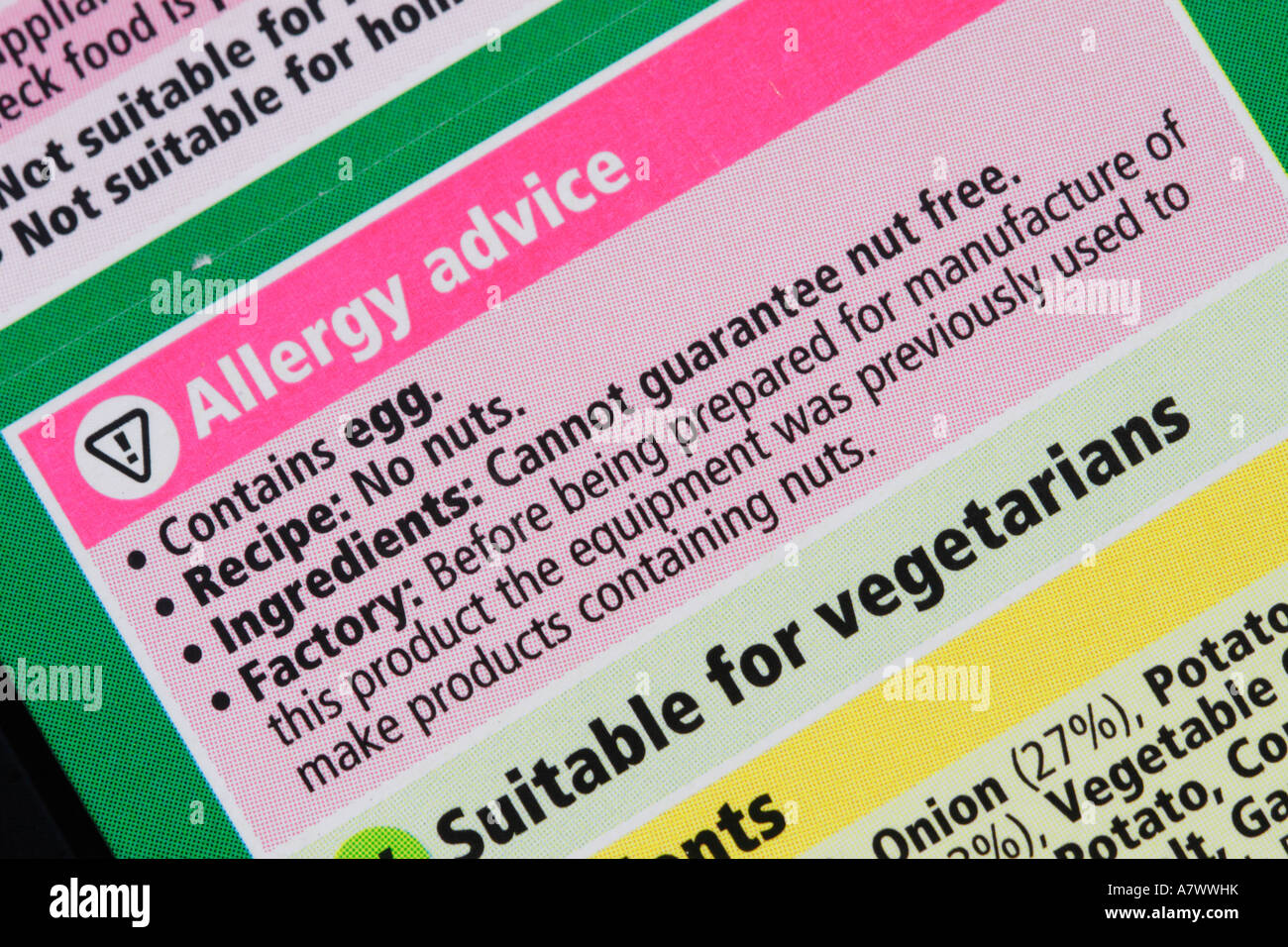 Lebensmittel-Allergie Beratung Inhalte Warnung Produktinformationen Stockfoto