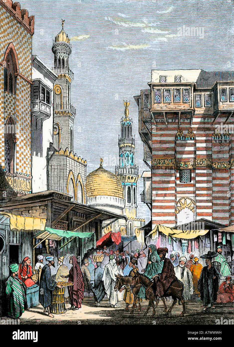 Busy street scene in Kairo, Ende 1800. Hand - farbige Holzschnitt Stockfoto
