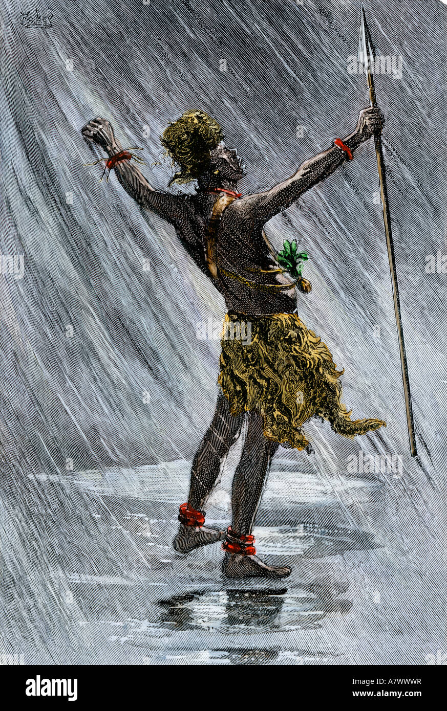 Native Schamane aufrufen Regen im Tal des Kongo 1800. Hand - farbige Holzschnitt Stockfoto