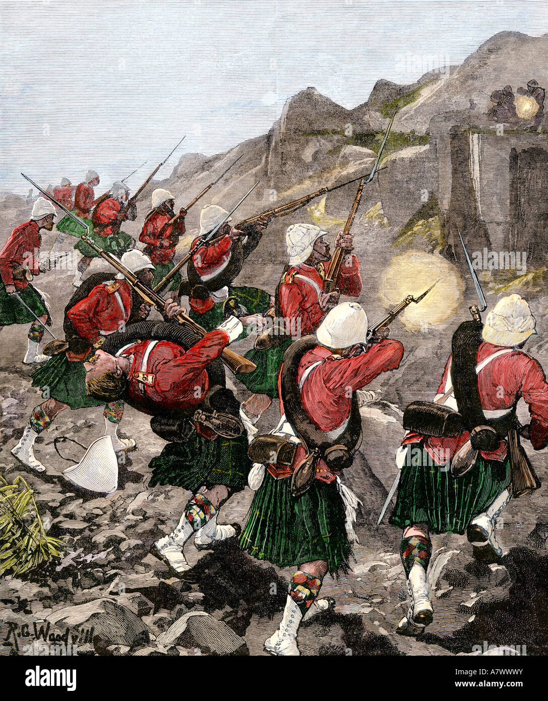 Britische 92nd Highlanders Scharmützel mit holländischen Buren in Transvaal Krieg Südafrika 1881. Hand - farbige Holzschnitt Stockfoto
