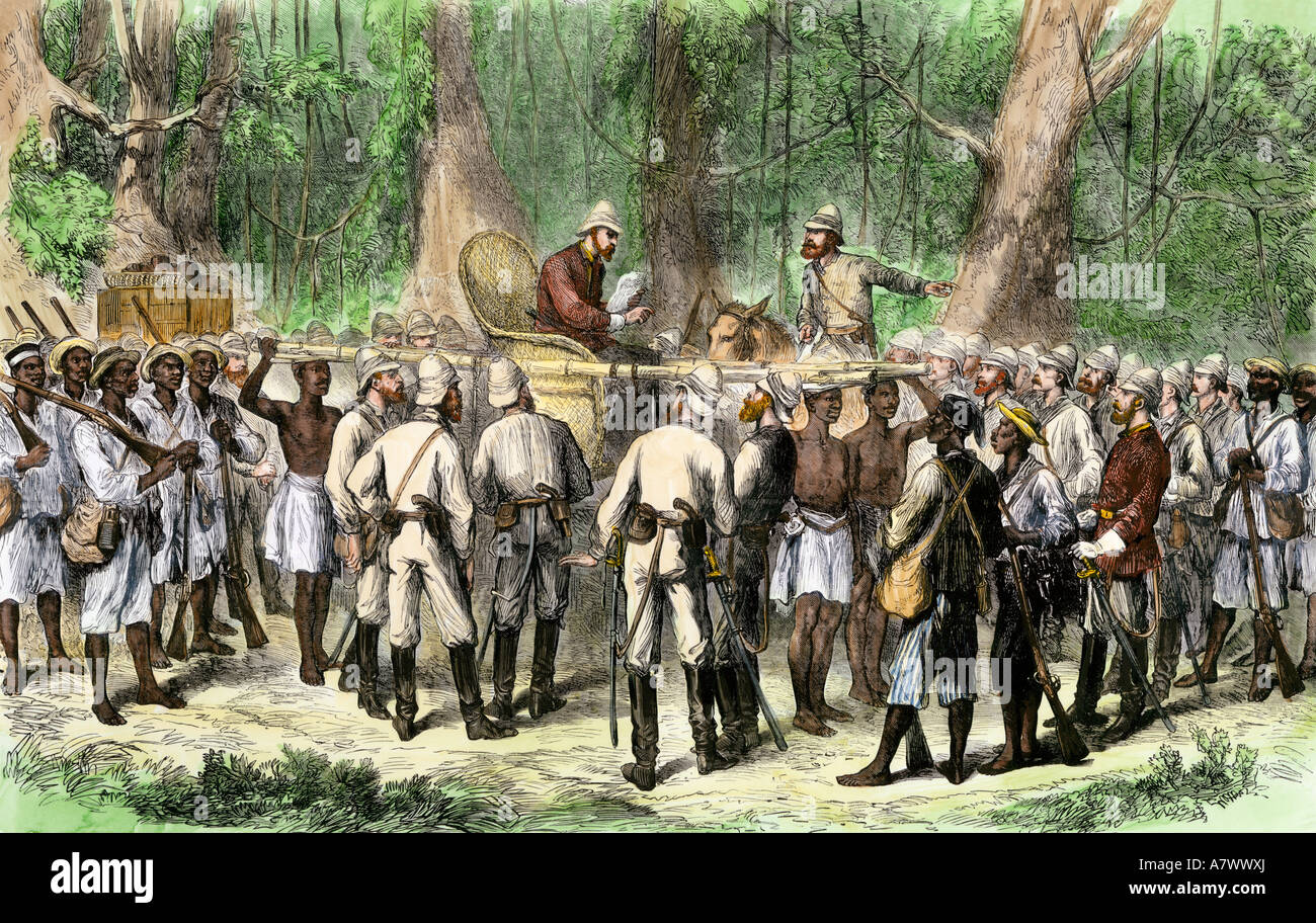 Britischer Offizier Sir Garnet Wolseley Empfangen von Nachrichten während der Ashanti Krieg in Afrika 1870. Hand - farbige Holzschnitt Stockfoto