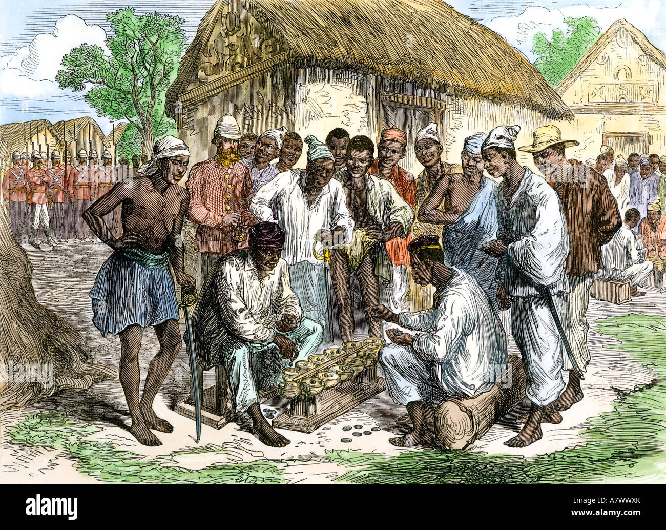 Native Soldaten spielen warry Ashanti Kolonie in Afrika 1870. Hand - farbige Holzschnitt Stockfoto