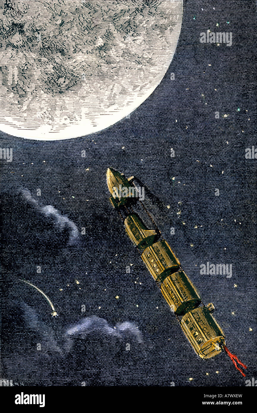Projektil Zug zum Mond vorgeschlagen, als eine Form der Zukunft Raumfahrt 1870. Hand - farbige Holzschnitt Stockfoto