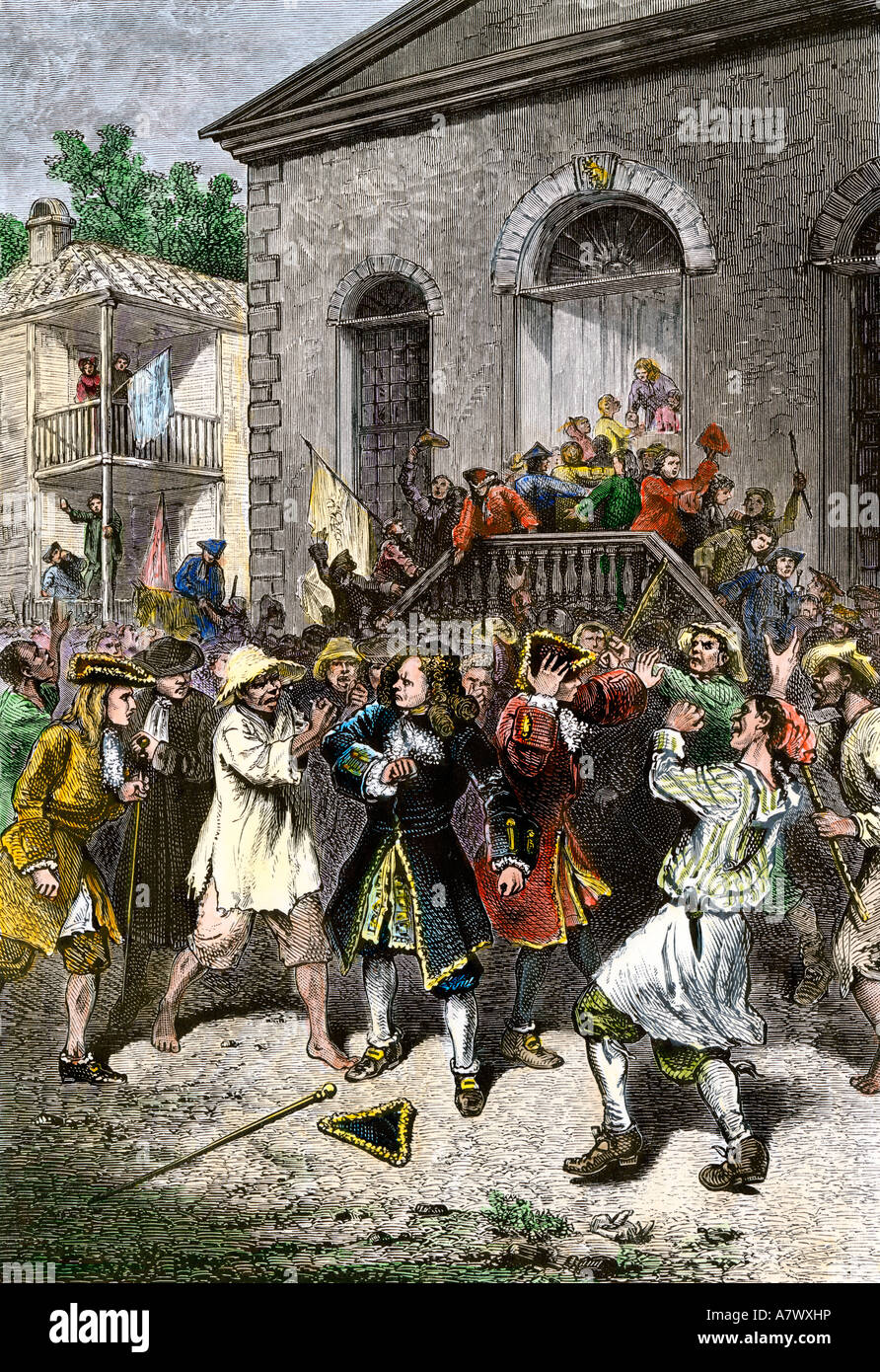 Widerspenstige Massen während einer Wahlkampagne in der Kolonialen Charleston South Carolina 1701. Hand - farbige Holzschnitt Stockfoto