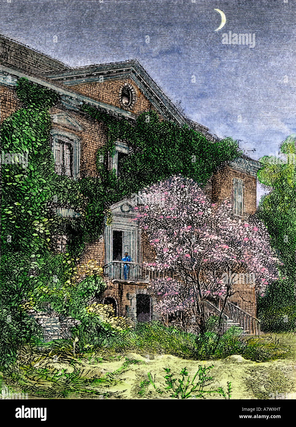 Dämmerung im Drayton Hall ein Südcarolina Plantage. Hand - farbige Holzschnitt Stockfoto