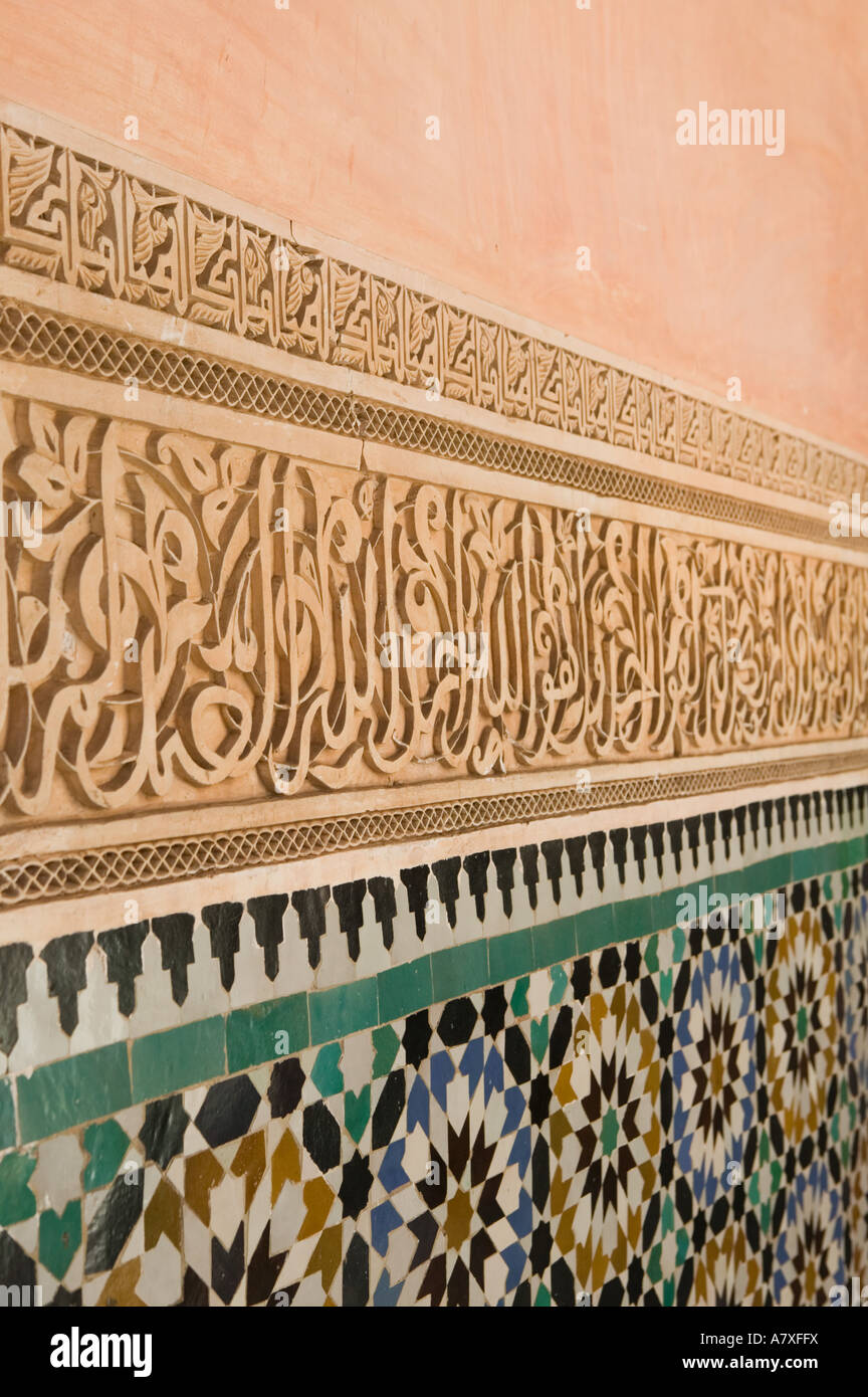 Marokko, Marrakesch: Ali Ben Youssef Madersa Theological College (b.1565) Interieur-Details Stockfoto