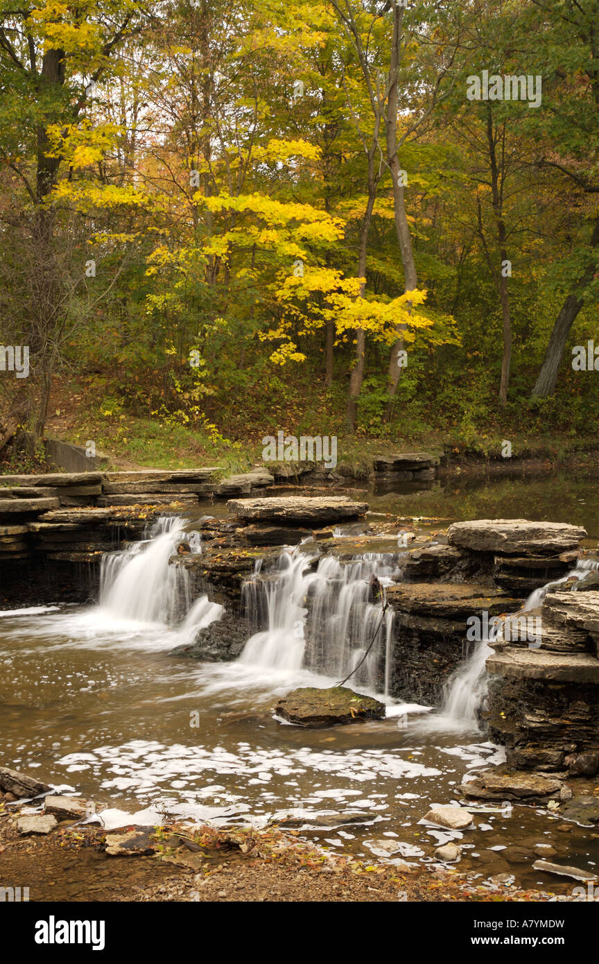 Eine naturalistische Damm am Sägewerk Creek Wasserfall Glen Forest Preserve, DuPage County, Illinois. Gebaut von der CCC. Stockfoto