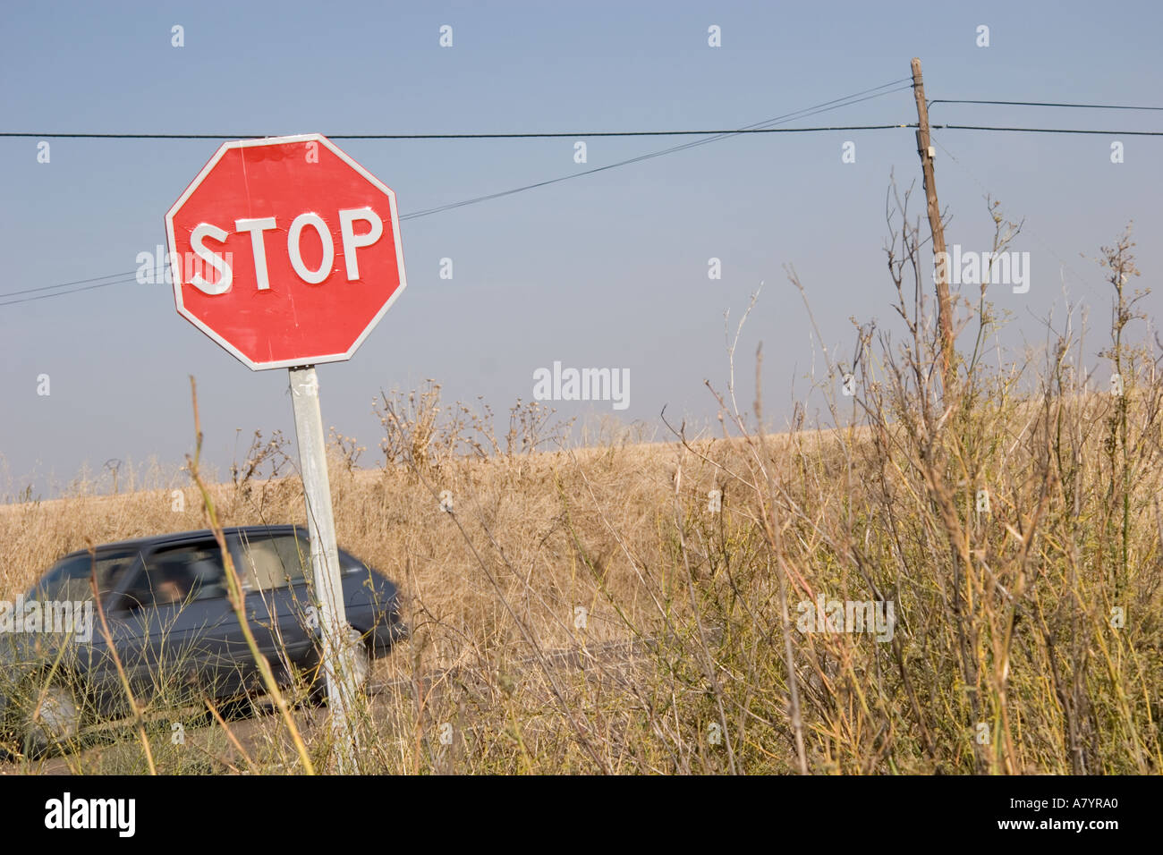 Gefährliche Kreuzung mit Stop melden aber schlechten Sicht Stockfoto