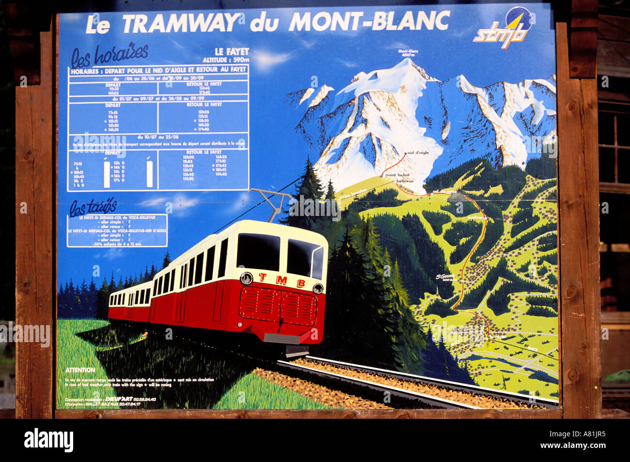 Frankreich, Haute Savoie, Zeitplan Board des Mont-Blanc-Straßenbahn Stockfoto