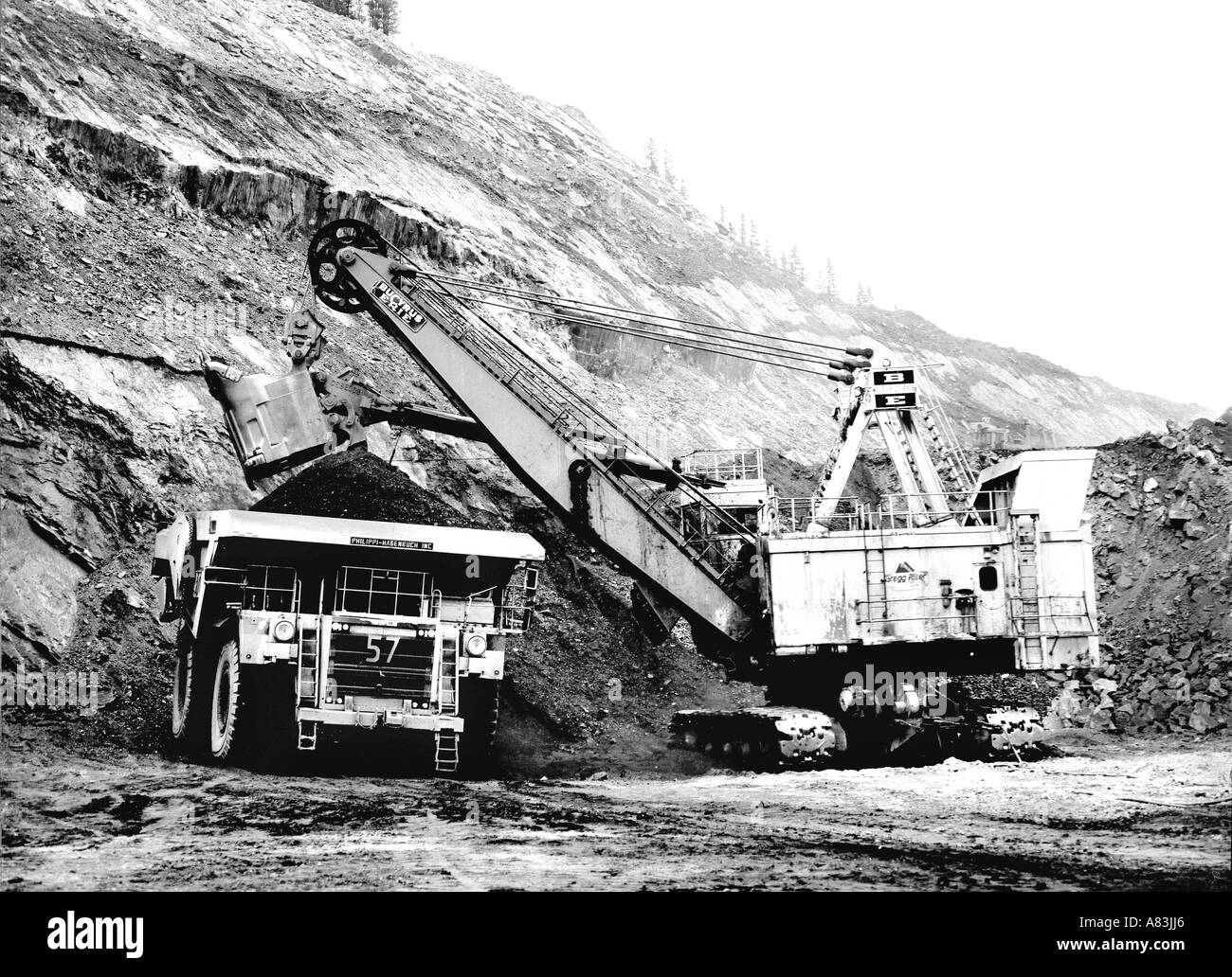 LKW und Schaufel in einem Tagebau Zeche Stockfoto