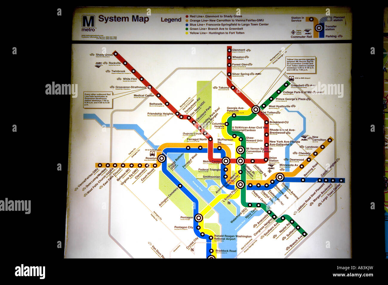 Karte von der Metrorail System in Washington D C Stockfoto