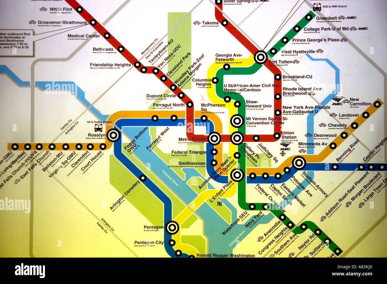 Karte von der Metrorail System in Washington D C Stockfoto