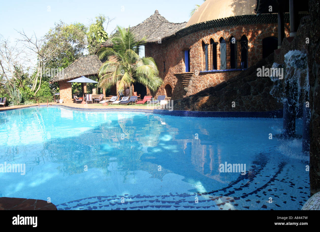Palme rahmt die Freiform-Pool auf der spektakulären Designer Nilaya Hermitage-Boutique-Hotel in Goa Indien Stockfoto